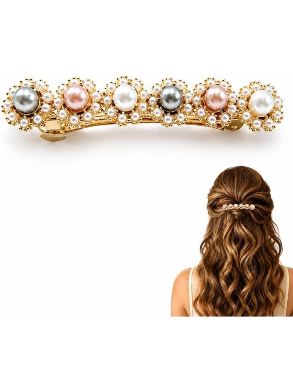 Elegant Multicolor Pearl Hair Barrette Clip - Vintage Sparkly Accessory for